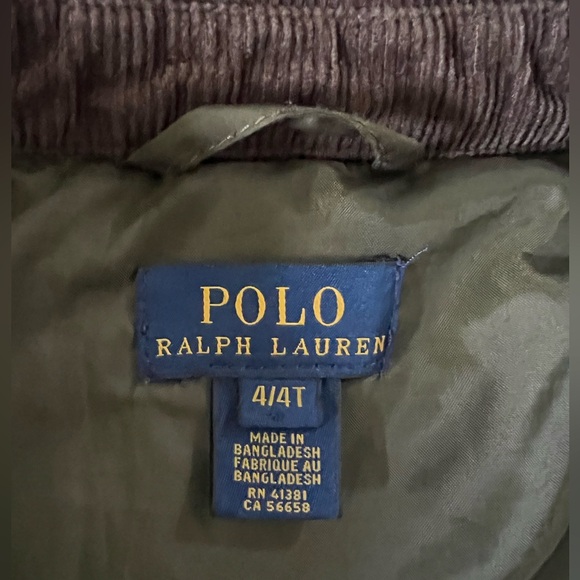 POLO Ralph Lauren Boys Barn Jacket. Size 4. Hunter Green. Brown Corduroy Collar. - Picture 3 of 4